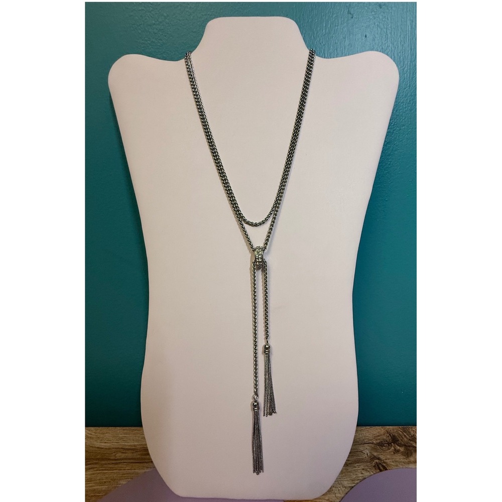 WHBM Tassel Lariat Necklace Silver Tone Crystal Rhinestone Adjustable Long